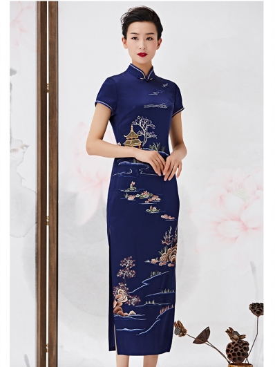 藏青色刺绣旗袍 (2)
