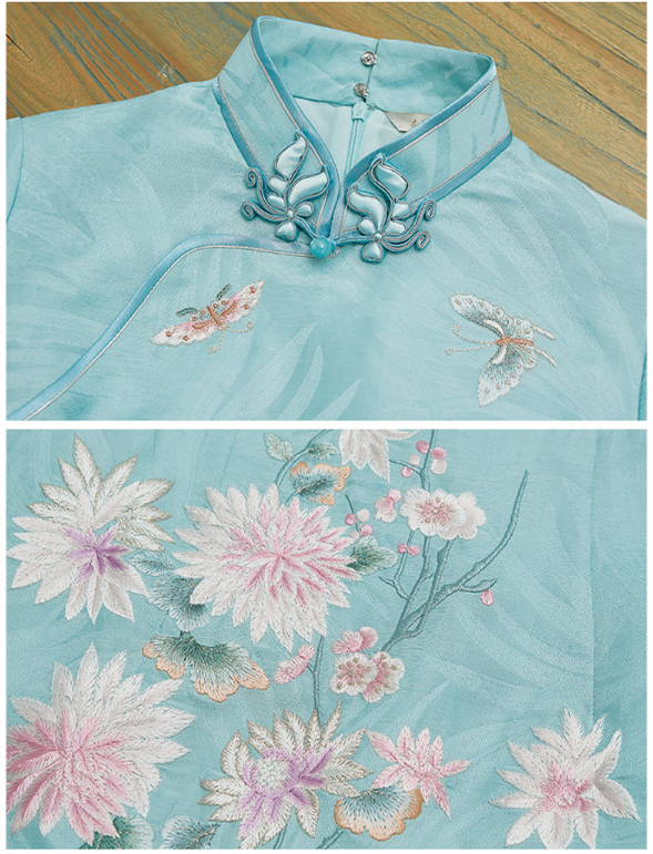 湖蓝色刺绣旗袍